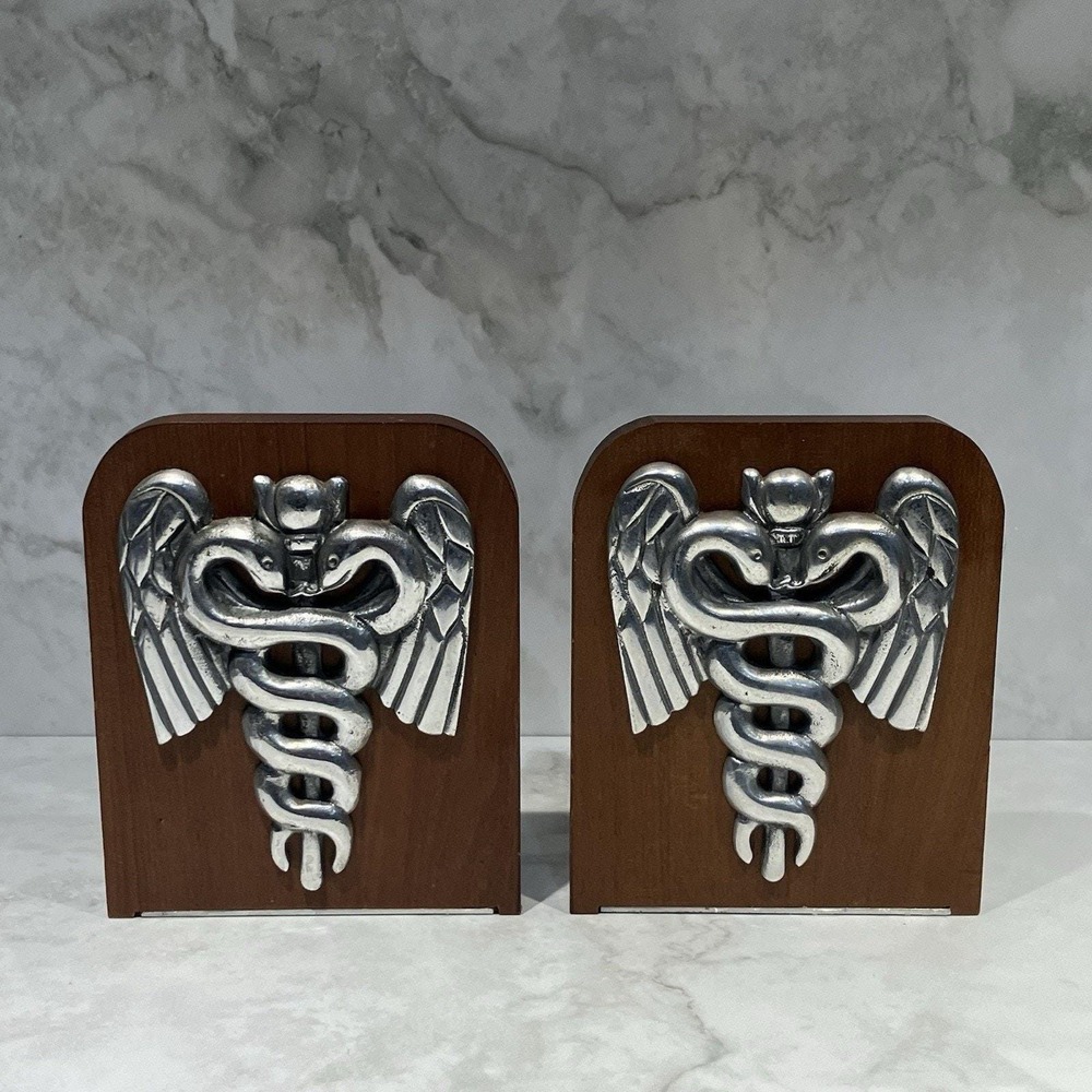 Vintage Pair Medical Caduceus Bookends MCM Decor Pewter and Wood